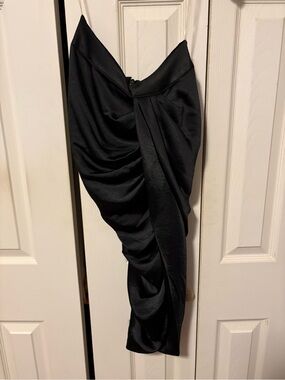 House of CB Black Asymmetrical Draped Satin Skirt